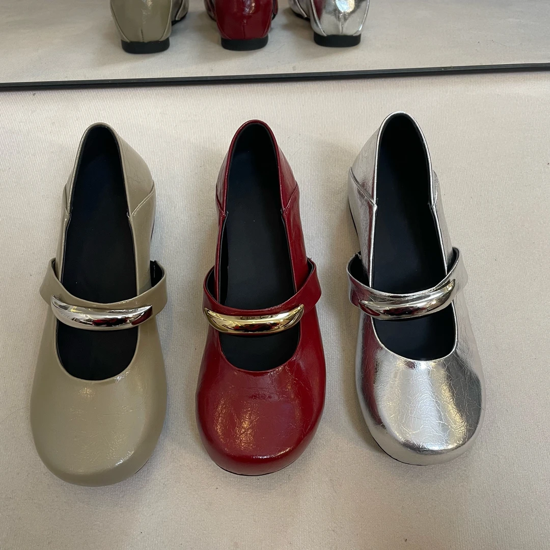 内增高裂纹皮春季0平底浅口单鞋玛丽珍鞋低跟春夏百搭法式