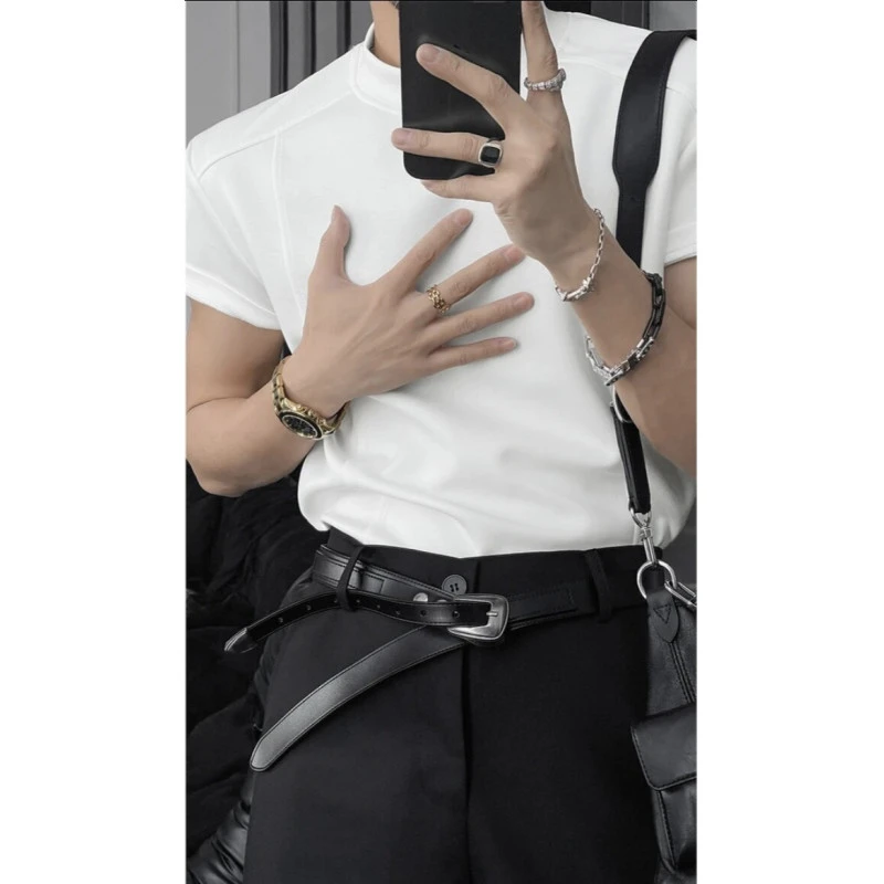 美式正肩太空棉t恤男夏季大码显肩宽运动短袖重磅小领口拼接半袖