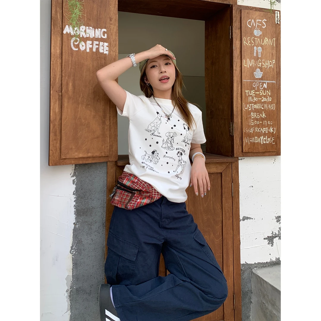 木子羊 美式原创斑点狗印花正肩重磅短袖T恤女夏季新款圆领上衣