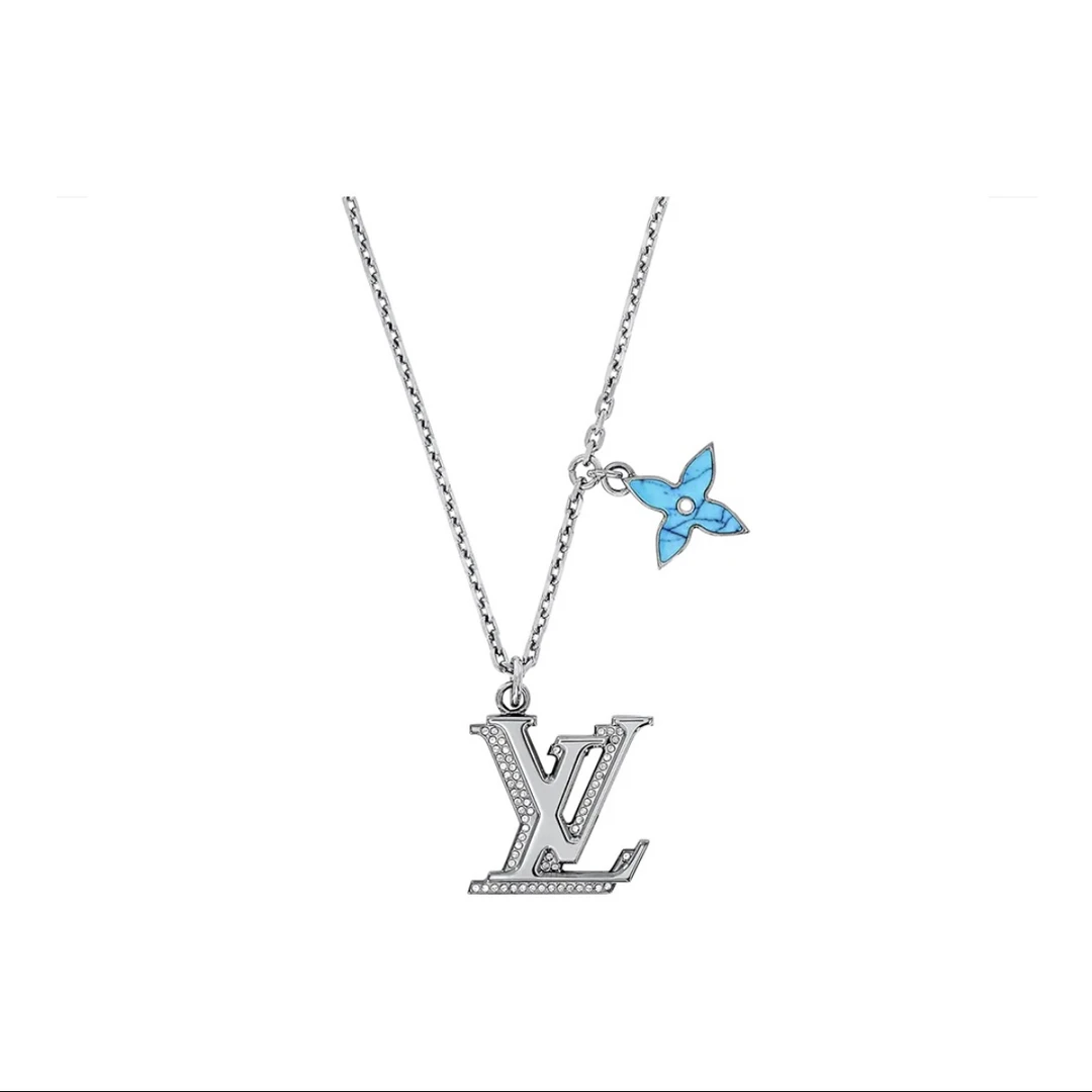 99新 LouisVuitton/路易威登 lv绿松石折叠带钻logo银项链