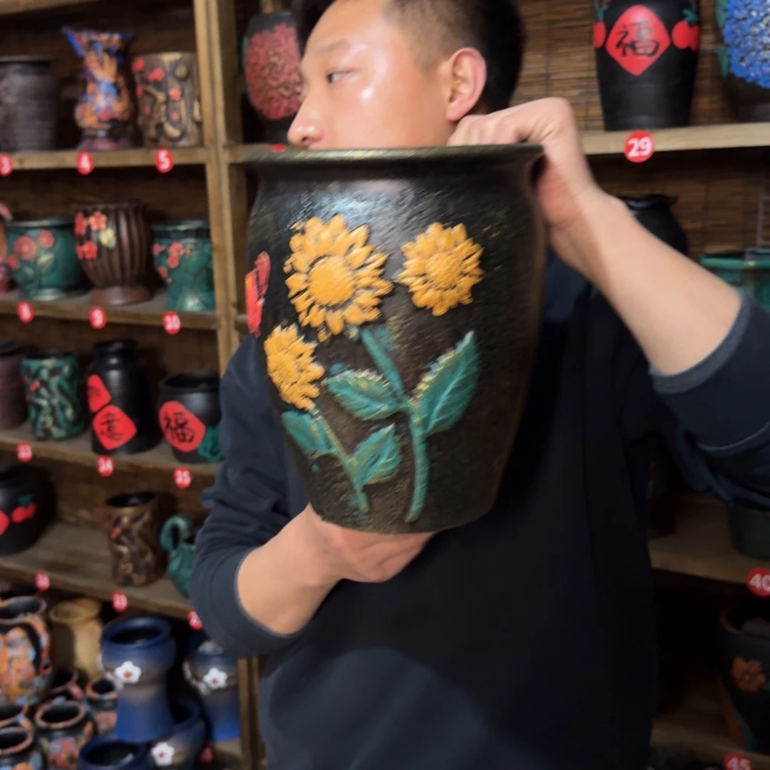 带孔高端红陶浮雕花盆炸炸炸