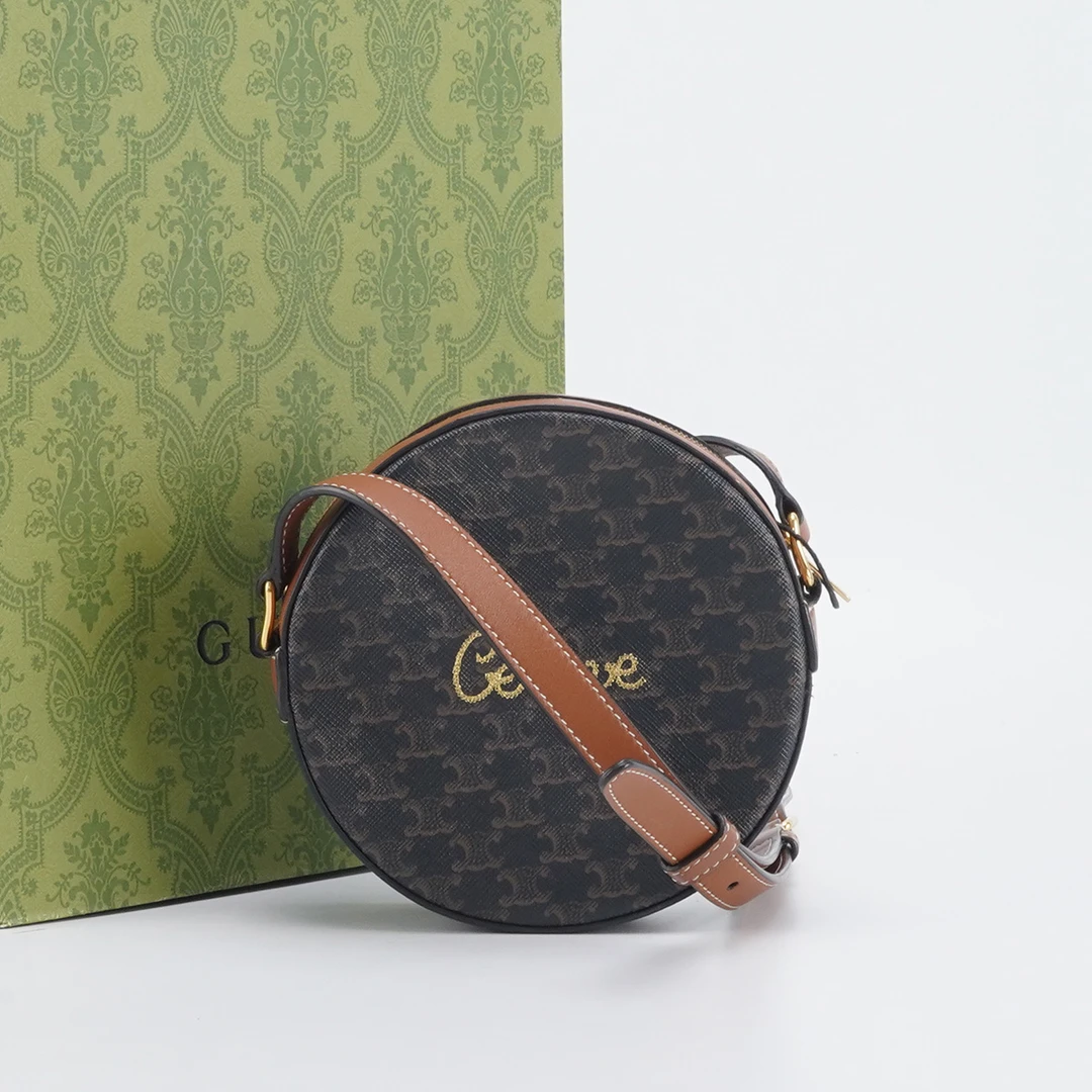 95新 Celine/思琳 【白菜】刺绣款 棕老花 PVC 圆饼包/BGK803060002