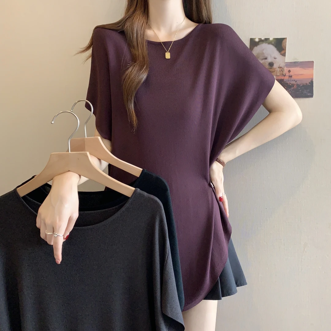 大码洋气不规则冰丝针织t恤女夏季胖mm宽松显瘦中长款蝙蝠袖上衣