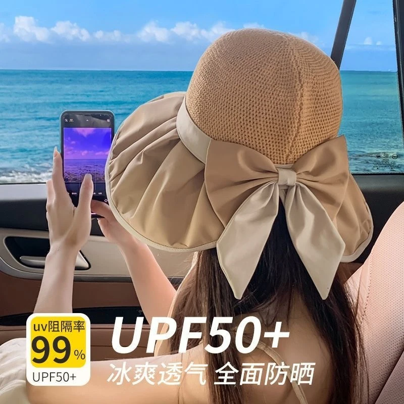 夏季女款出游户外防紫外线遮阳防晒帽蝴蝶结帽子防晒遮阳帽大帽檐