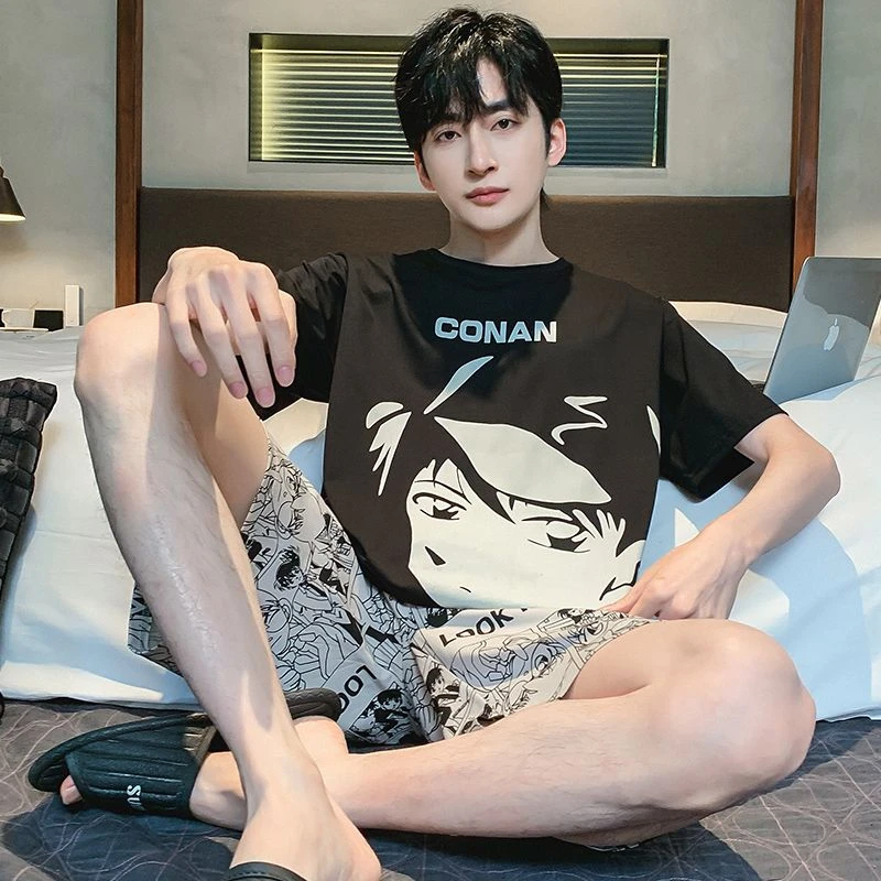 大码男士睡衣夏季短袖纯棉宽松青少年学生外穿夏天休闲家居服套装