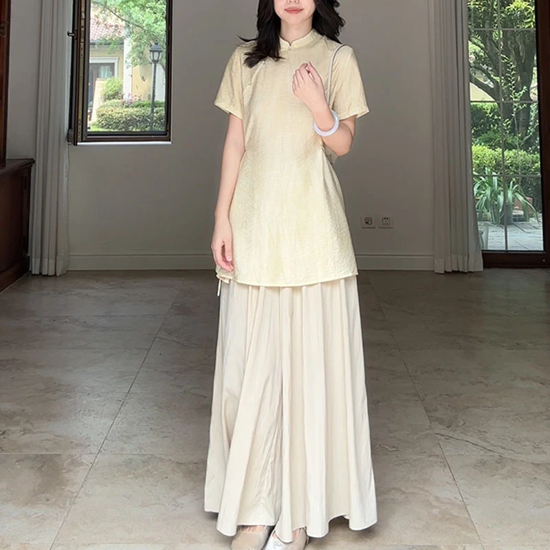 新中式千金清冷感贵系衣服禅意风宽松阔腿裤裙显瘦短袖上衣套装女