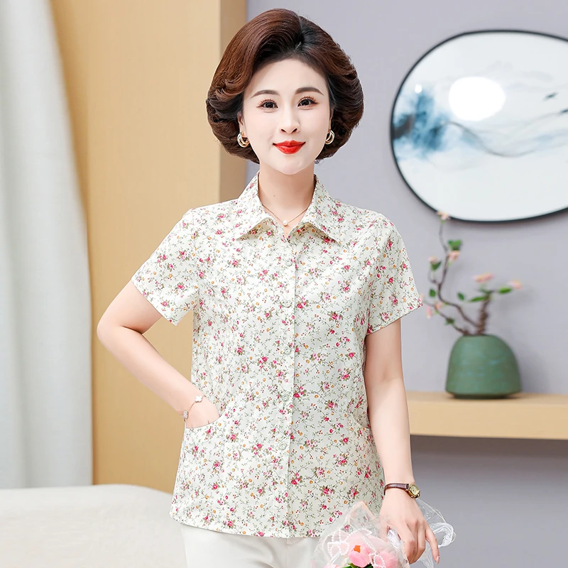 夏季新款棉料碎花短袖衬衣夏款中年女士妈妈装宽松衬衫夏装上衣女