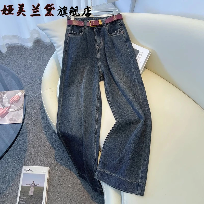 高级感复古丹宁蓝加绒阔腿牛仔裤女春秋2025年新款宽松直筒百搭裤