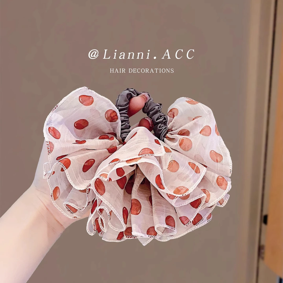 超仙森系日韩发圈女波点欧根纱裙摆飘带印花发绳高马尾扎头发皮筋