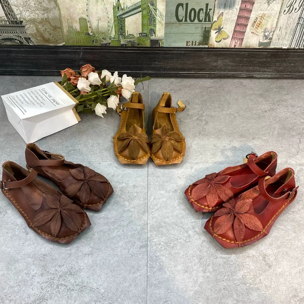 899-01春夏季新品花朵圆头纯色浅口牛皮平底软底缝制复古时尚单菲