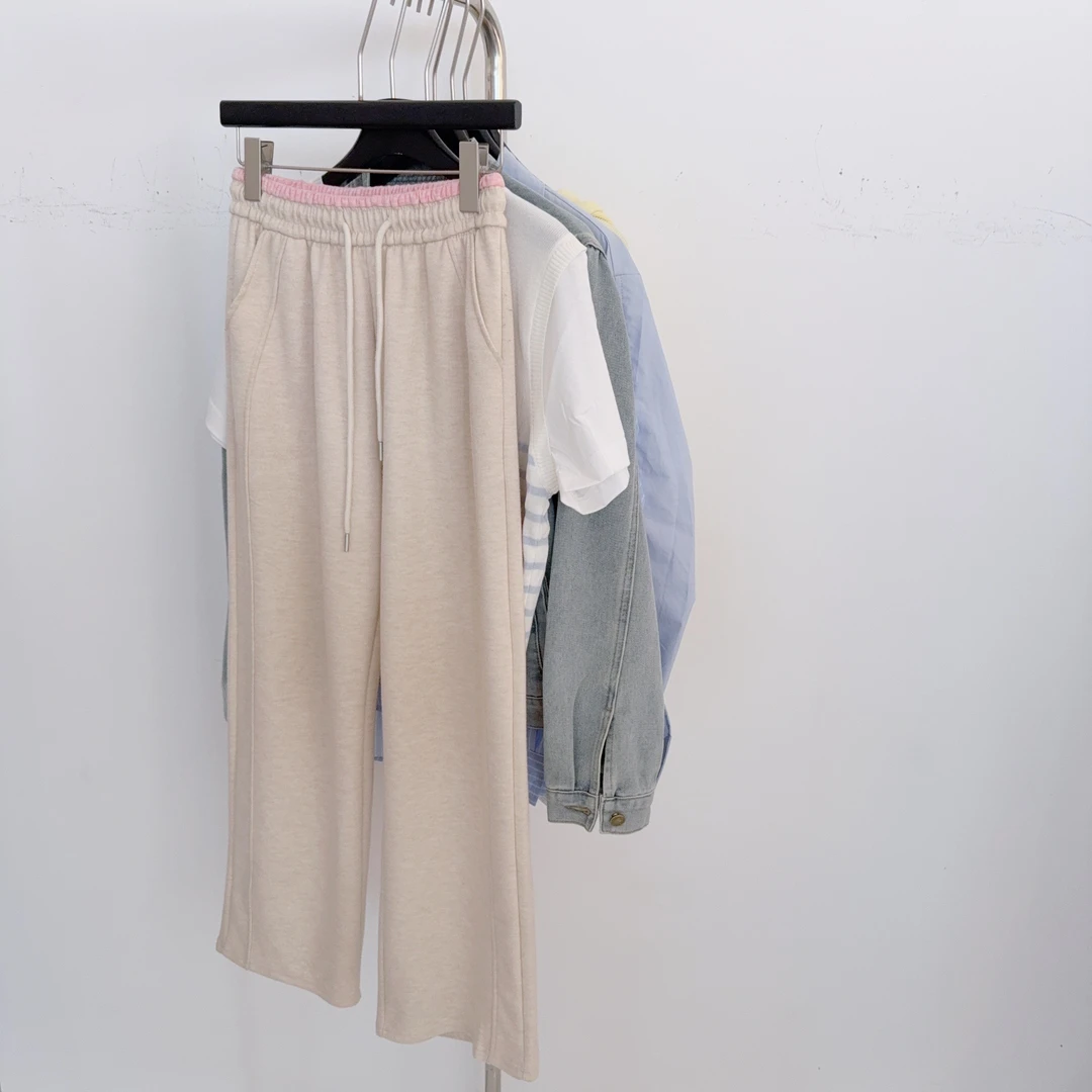 【苏甜甜】2025春季新款拼接直筒百搭休闲松紧头卫裤