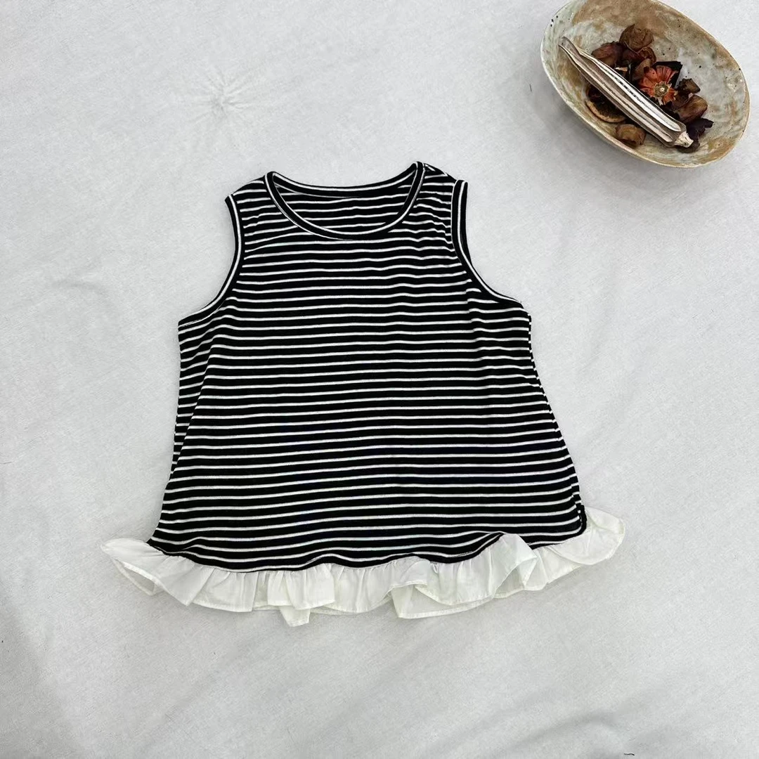 〖姐姐家〗2025夏款萌娃穿搭条纹花边背心mu1291