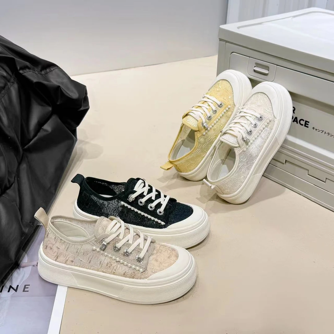 2025新款韩版时尚网面小白鞋夏季透气厚底饼干鞋蕾丝小香风女鞋