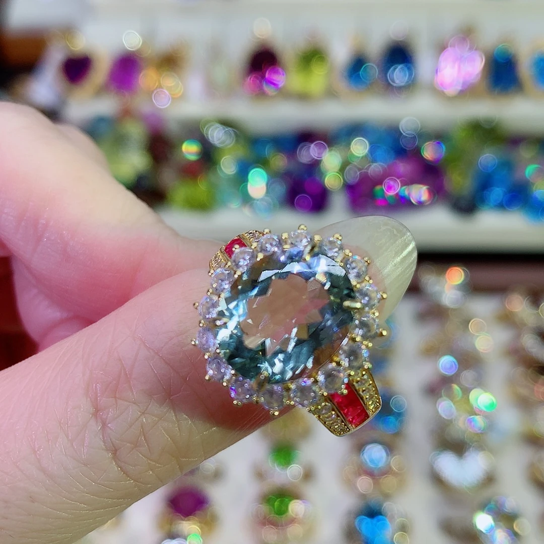 水晶戒指银S925镀金镶嵌