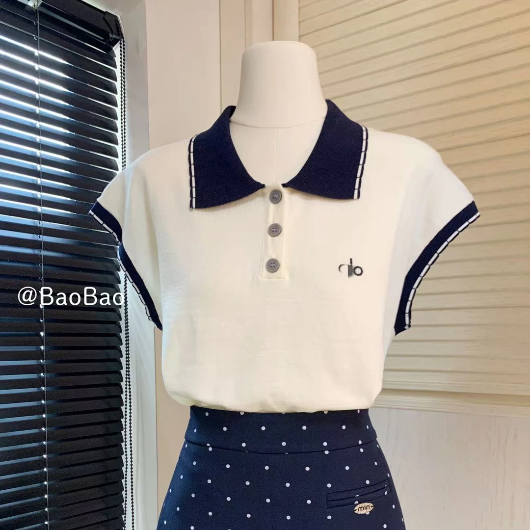 无袖针织背心女撞色翻领刺绣2025夏季新款气质休闲上衣女潮5217