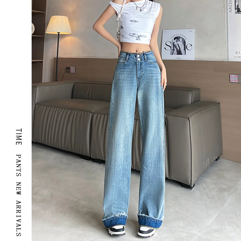 阔腿牛仔裤女2025年新款春夏薄款蓝色高腰宽松拖地窄版卷边直筒裤