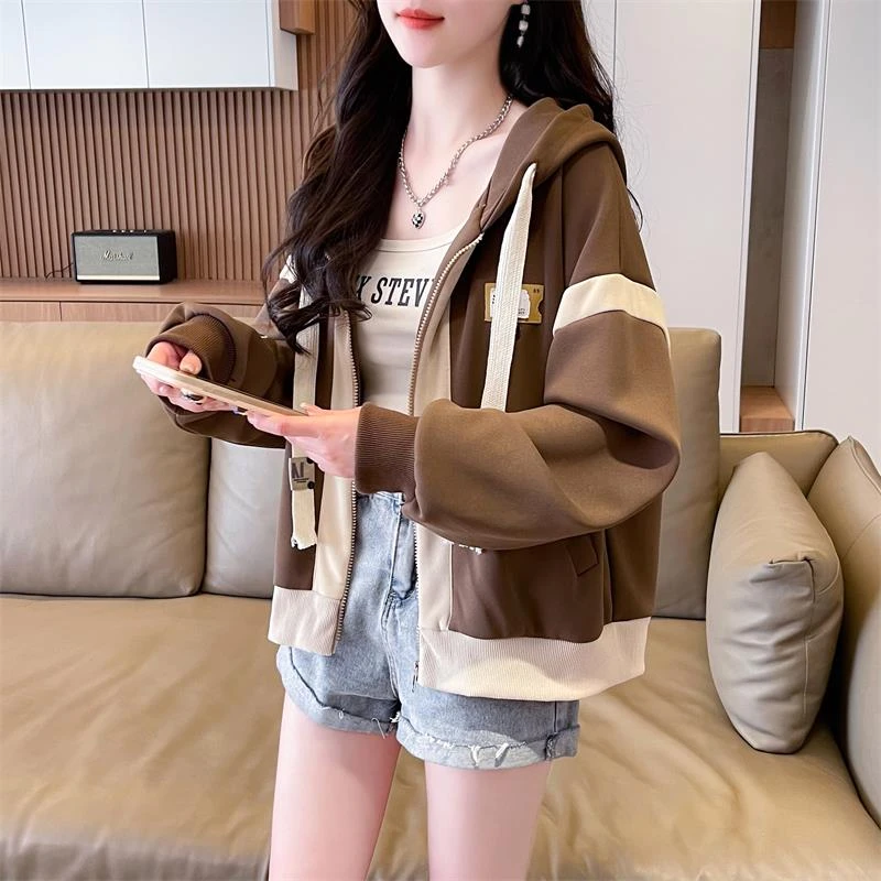 卫衣女春秋季2025新款韩版宽松薄款小个子设计感撞色连帽开衫外套