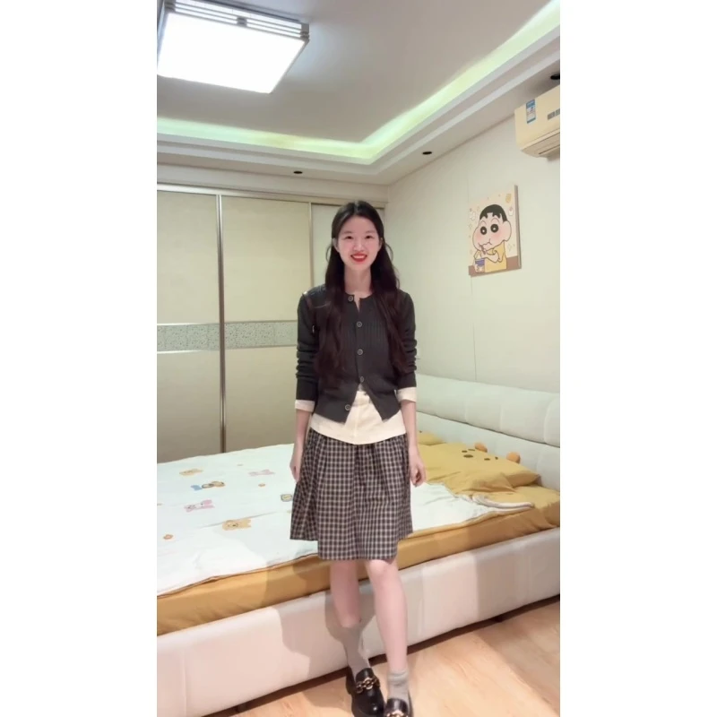 MARIE.COCO网红气质小香风黑色针织开衫内搭上衣格纹半身裙三件套