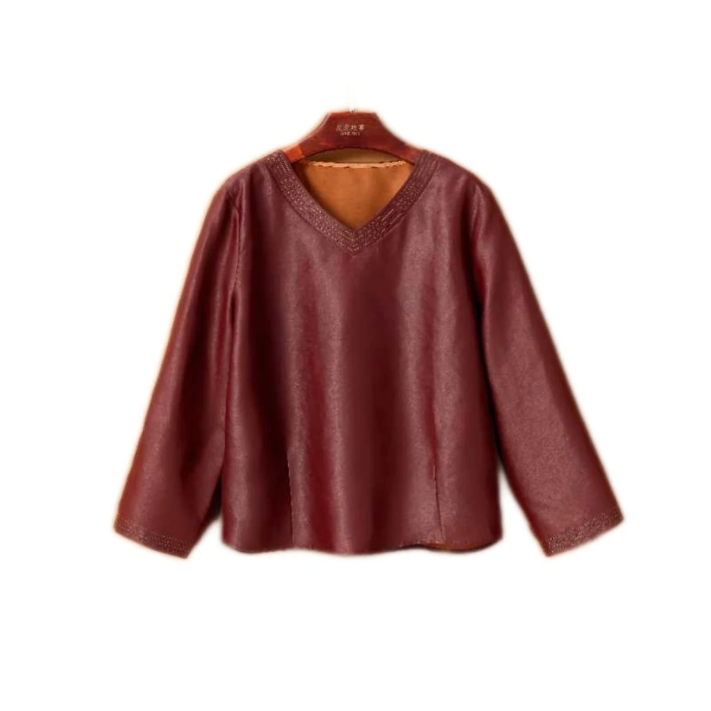 高定【明线V领长袖上衣】红皮子100%桑蚕丝香云纱套头衫dz135