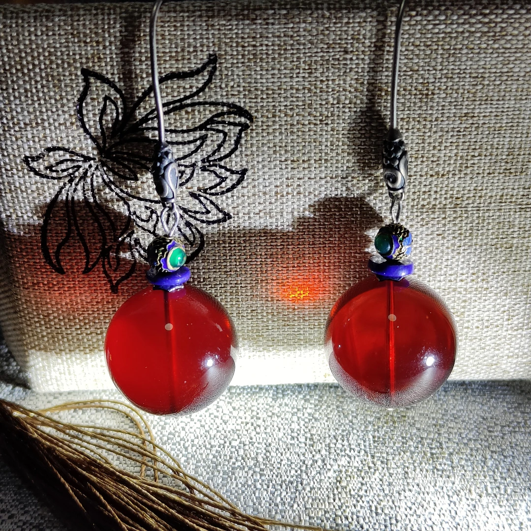 通体S925银镶嵌天然缅甸血珀珠子21毫米左右净水重工复古时尚耳坠