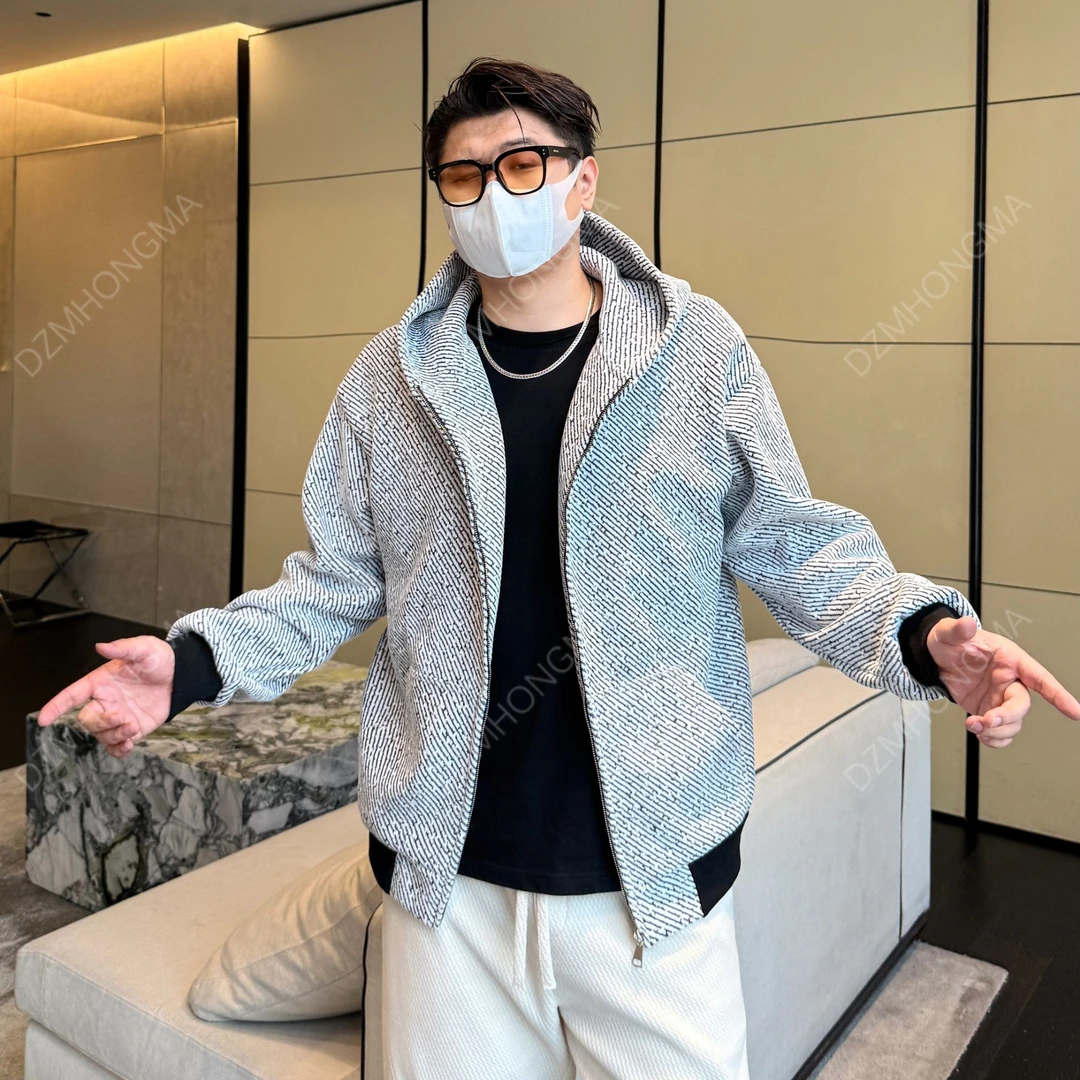 DAZHONGMA 2025秋季条纹休闲运动中长款潮流秋冬连帽开衫卫衣外套