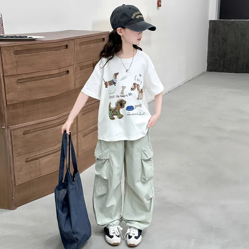 女童夏季短袖T恤套装2025新款女大童洋气时髦薄款工装裤儿童夏装t