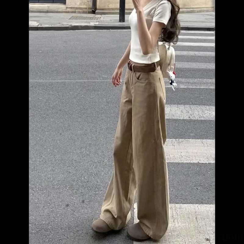 卡其色裤子小个子美式高腰阔腿牛仔裤女垂感宽松显瘦直筒拖地长裤