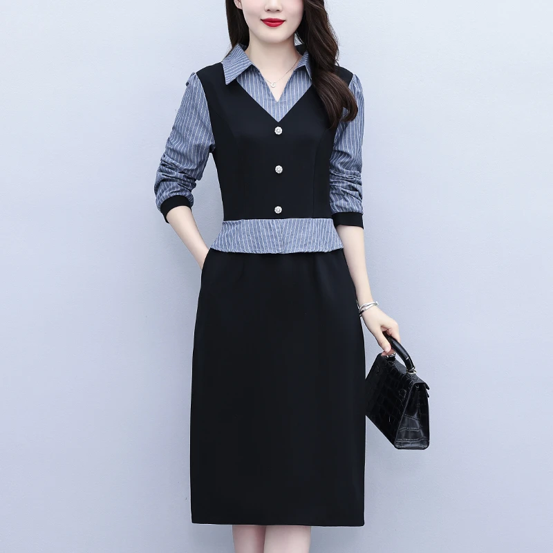 条纹衬衫拼接假俩件中长连衣裙2025新款遮肉气质显瘦减龄大码裙子