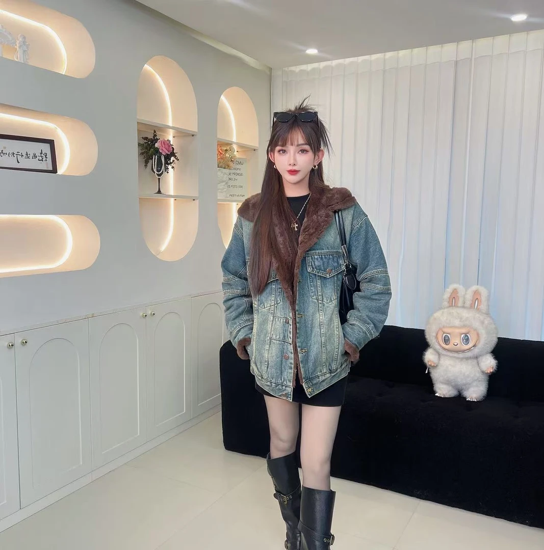 冬季复古拼接加绒牛仔外套女冬季新款宽松学院风痞帅情侣棉衣