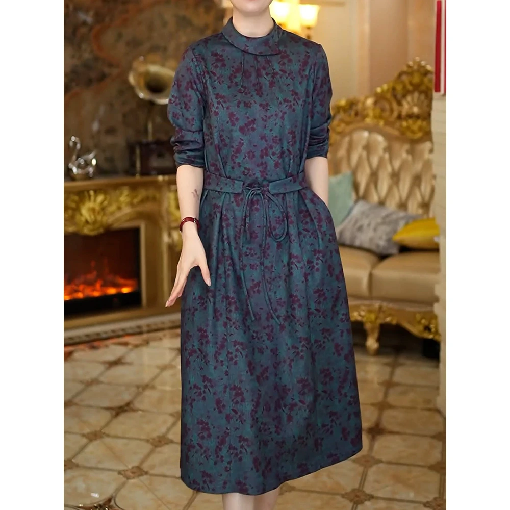 端庄优雅气质母亲连衣裙2025秋季新款大码圆领系带印花显瘦a字裙