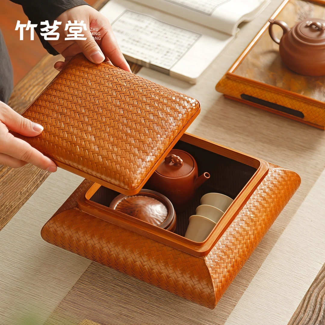 大漆竹编茶具收纳盒带盖桌面点心食盒收纳筐功夫茶具防尘整理盒