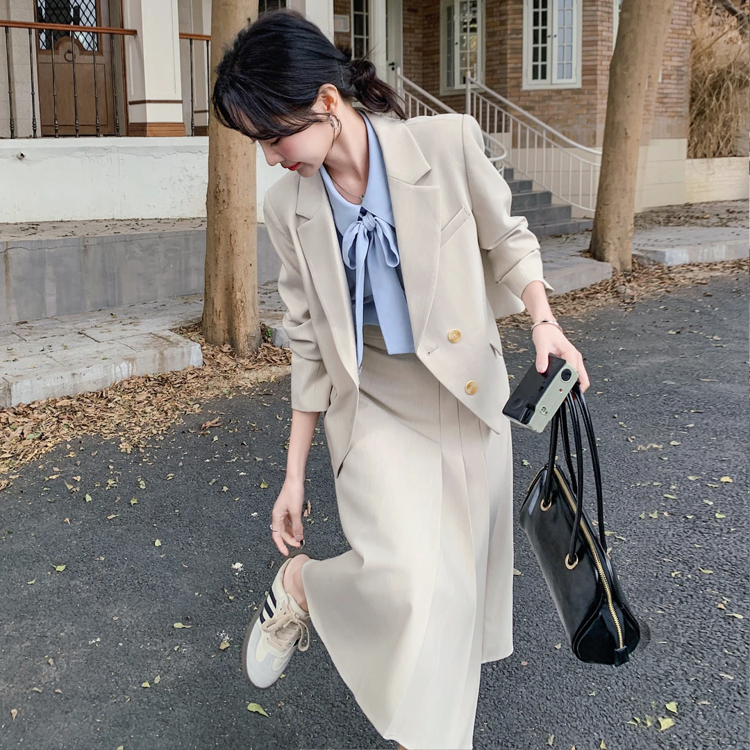 米白色学院府西装套装裙女春新款大学生面试JK制服西服ootd一整套