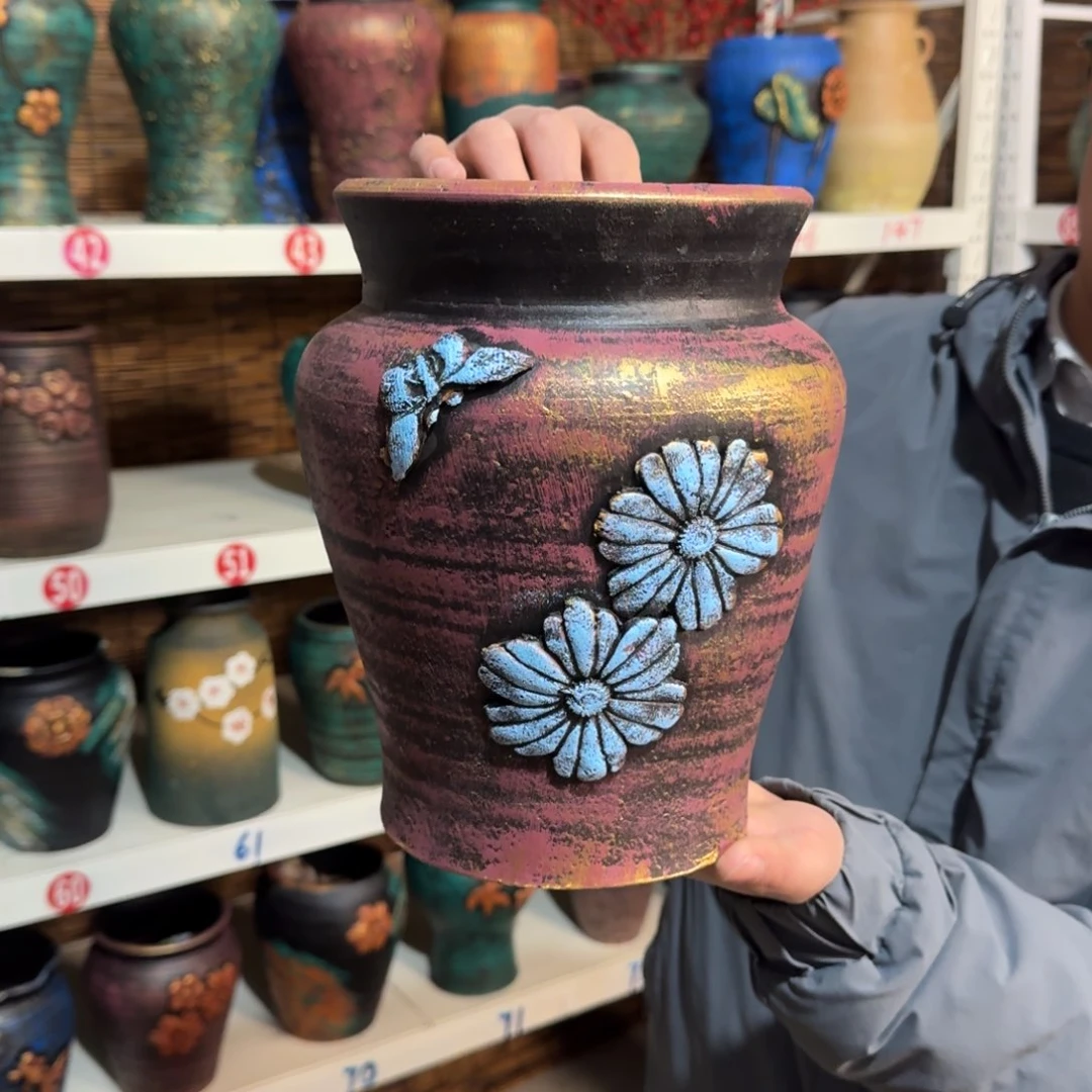 红陶红陶浮雕花盆炸炸炸