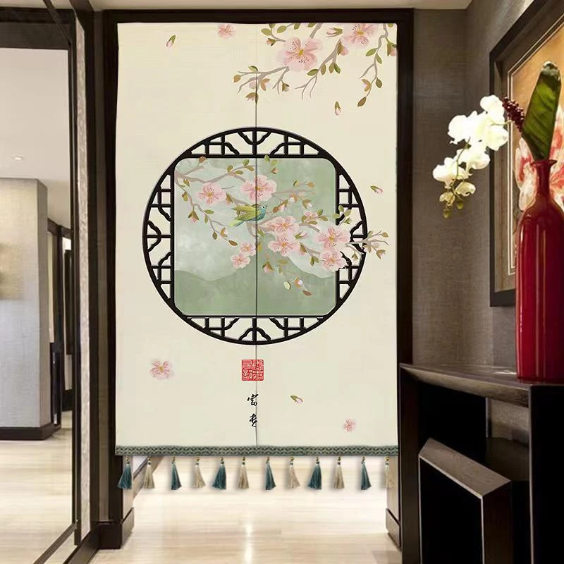 中式门帘房间隔断家用卧室厨房遮挡挂帘客厅厕所化妆室免打孔半帘