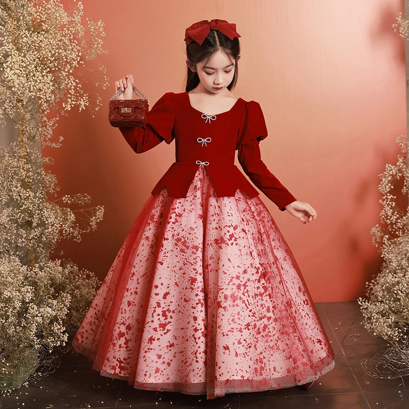 儿童礼服大童晚礼服合唱秋冬款高端走秀公主裙女童主持人钢琴演奏