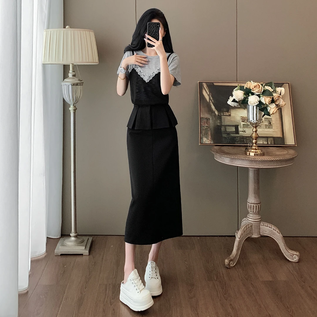 洋气衣服女2025夏季设计感蕾丝假两件短袖上衣百搭半身裙气质套装