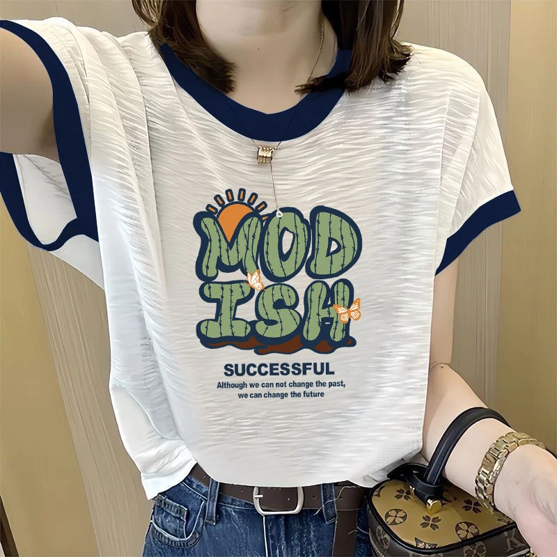 短袖显瘦圆领雪花棉2025夏季新款撞色百搭T恤女印花韩版白色上衣