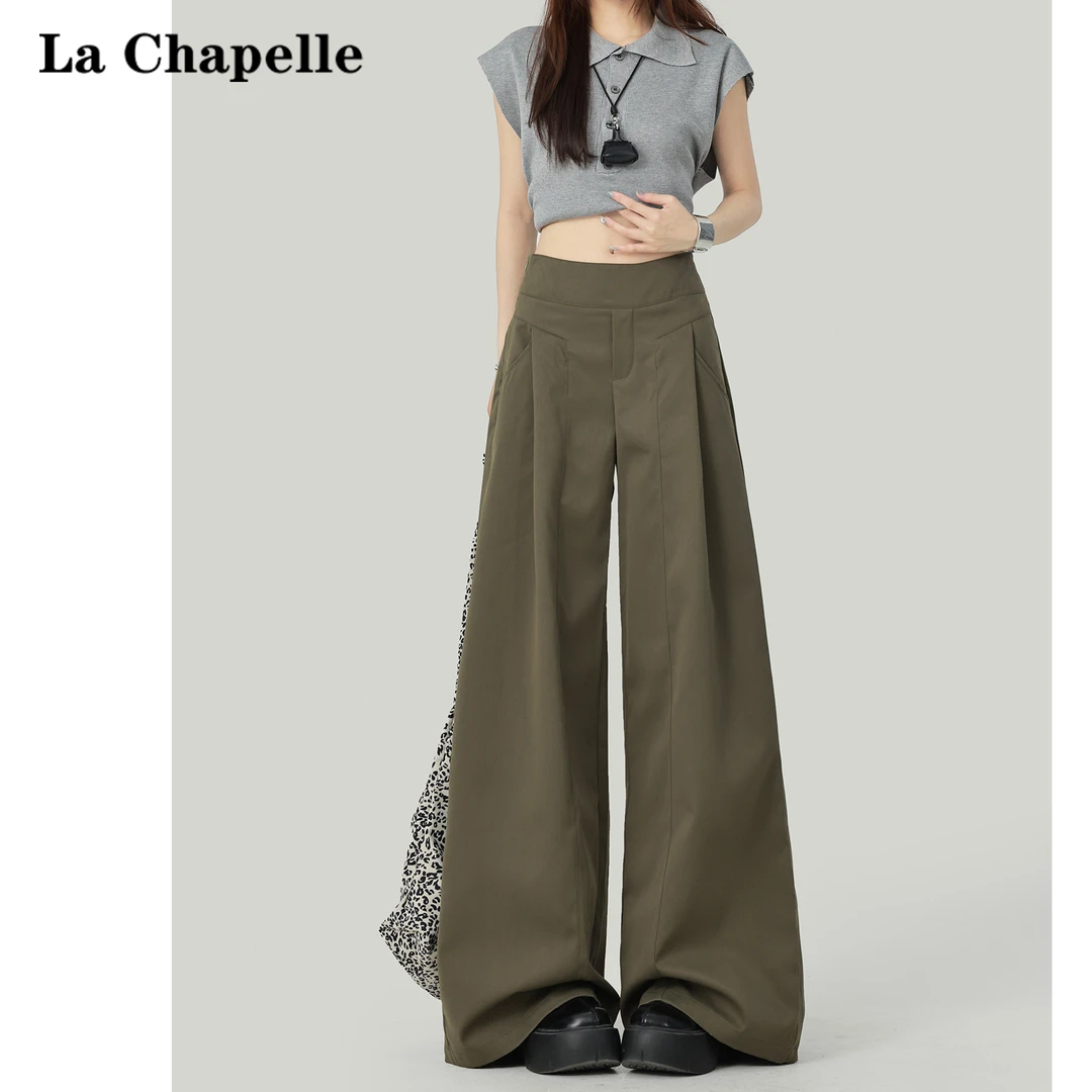 拉夏贝尔军绿色慵懒风休闲裤女2025夏季高腰宽松设计感显瘦阔腿裤