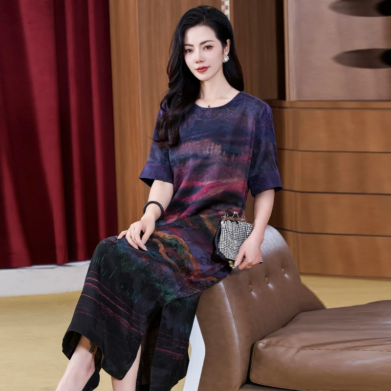 高端真丝香云纱连衣裙女妈妈气质减龄2025新款杭州桑蚕丝大码裙子