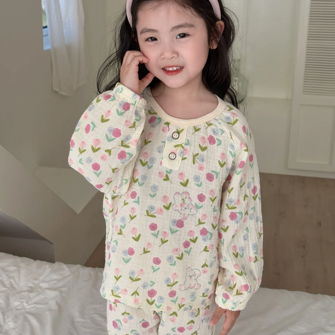 春秋新款纱布睡衣无骨家居服女童男童套头两件套透气夏季空调服