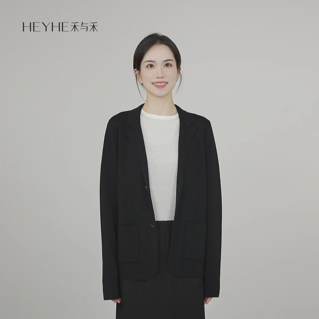 小禾【黑凤梨】扬子纱精纺羊毛高级西装领翻领宽松气质针织开衫外套