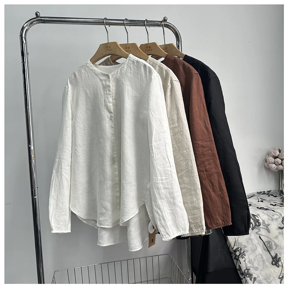 C110 春秋新款女士休闲宽松圆领排扣长袖开衫百搭衬衫薄款外套女