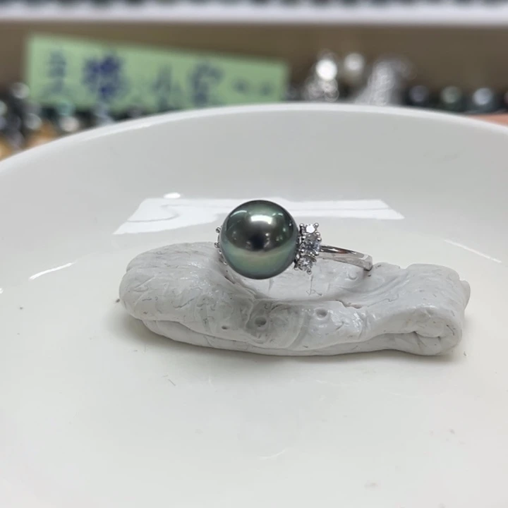 银S925镶嵌戒指海水珍珠大溪地9-10m
