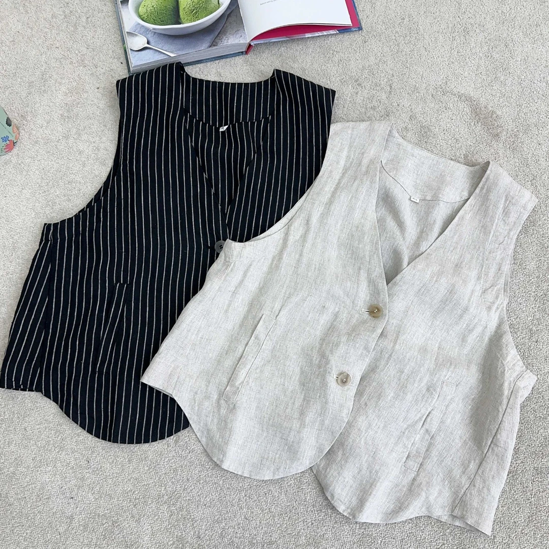 雨露亚麻马甲老钱风女士百搭春夏新款无袖上衣外搭马夹外套