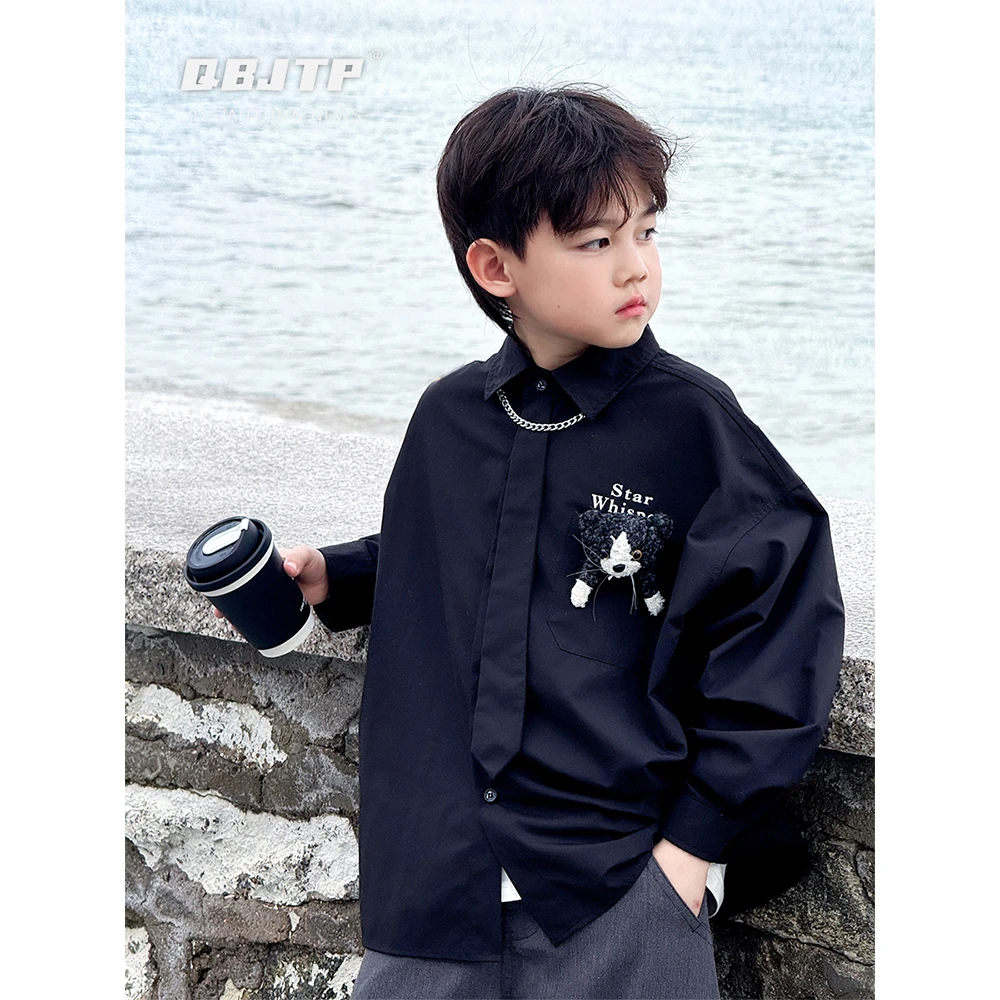 Q宝家童品9月新款男童长袖衬衫儿童春秋薄款韩系潮酷衬衣休闲上衣