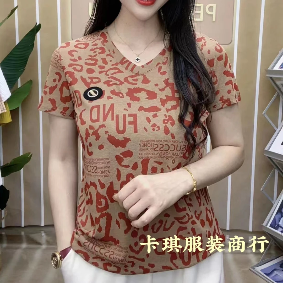 爆款豹纹轻薄凉快短袖V领服装T恤修身型印花小衫