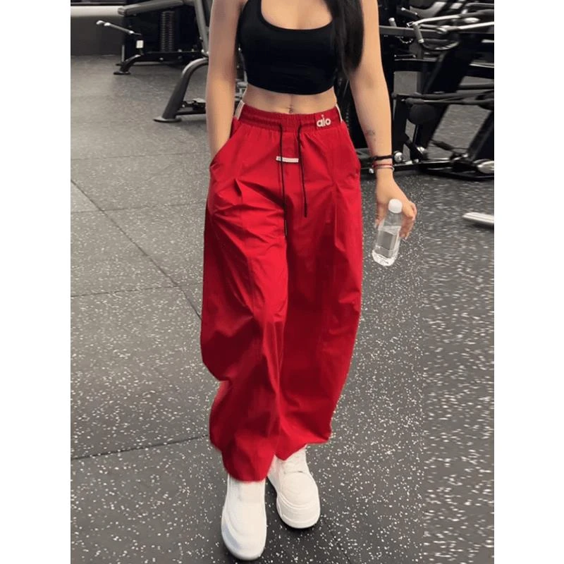 红色冲孔透气速干弯刀裤子男女夏季薄款冰丝阔腿裤健身运动休闲裤