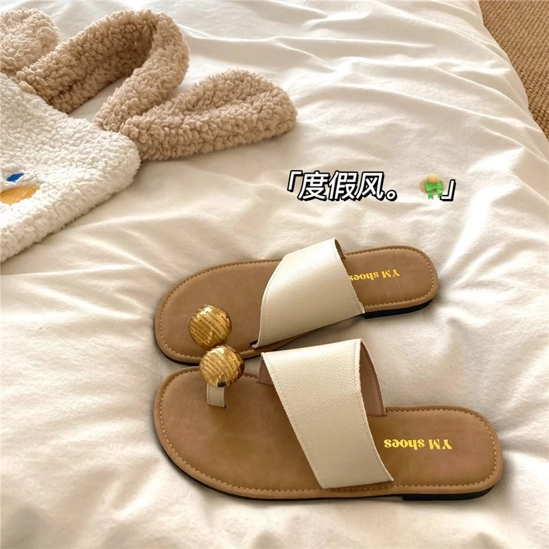 小岛约会~！皮面质感ins软软一字拖女夏季外穿透气沙滩法式凉拖鞋