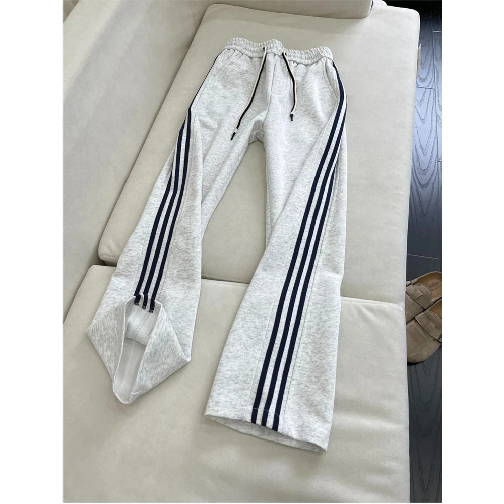vintage三条杠弯刀裤子男女高级感直筒微喇长裤美式潮牌运动卫裤