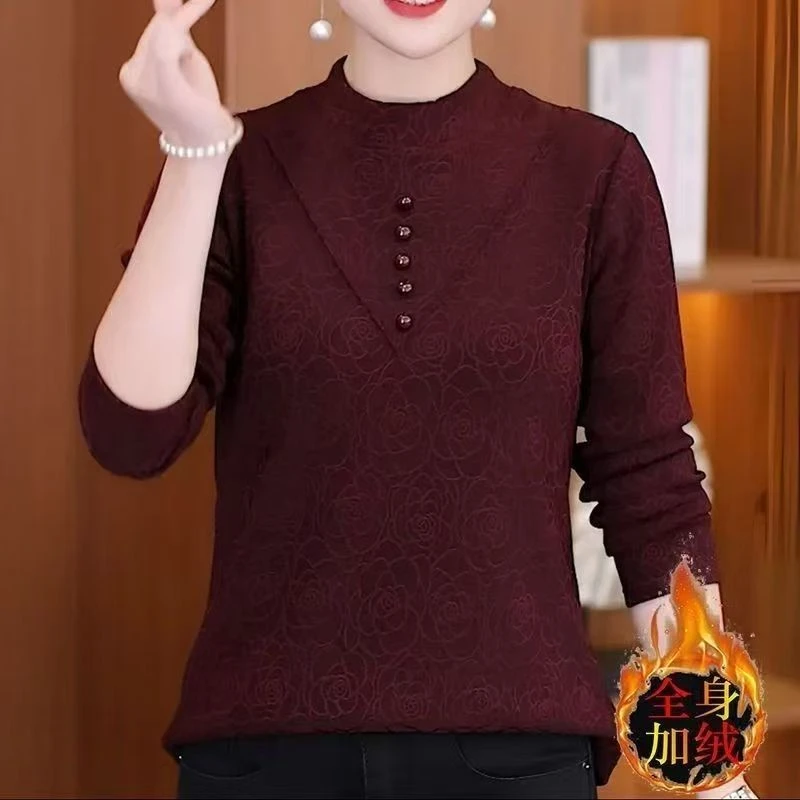 新款中老年女妈妈打底衫高档提花提花加绒打底衫长袖时尚百搭特